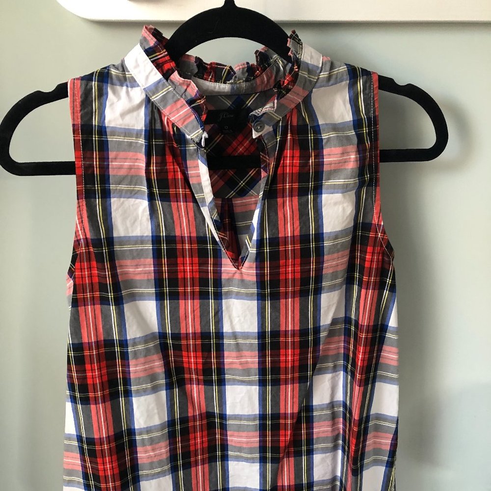 J Crew Ruffle Neck Plaid Top